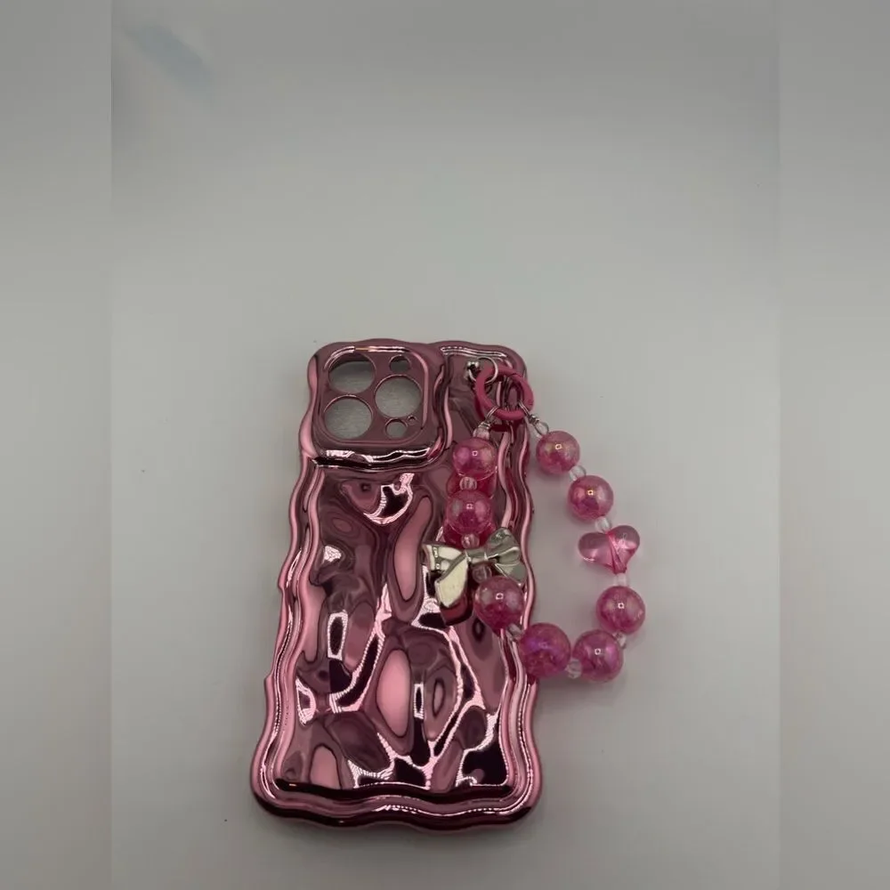 Glossy Pink Wave Case with Beaded Handle for iPhone 15 Pro Max